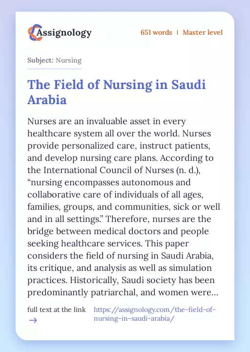 The Field of Nursing in Saudi Arabia - Essay Preview