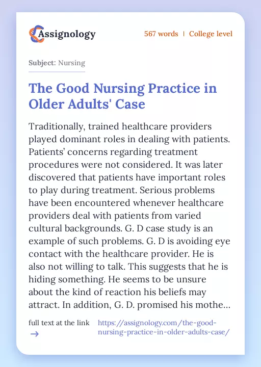 The Good Nursing Practice in Older Adults' Case - Essay Preview