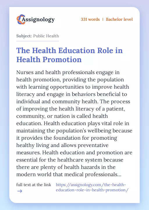 The Health Education Role in Health Promotion - Essay Preview