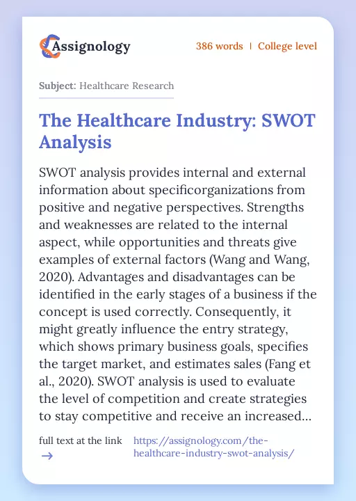 The Healthcare Industry: SWOT Analysis - Essay Preview