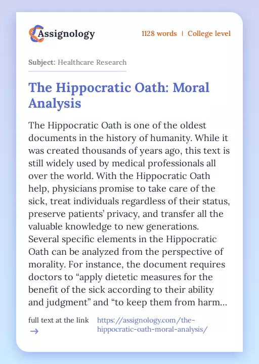 The Hippocratic Oath: Moral Analysis - Essay Preview