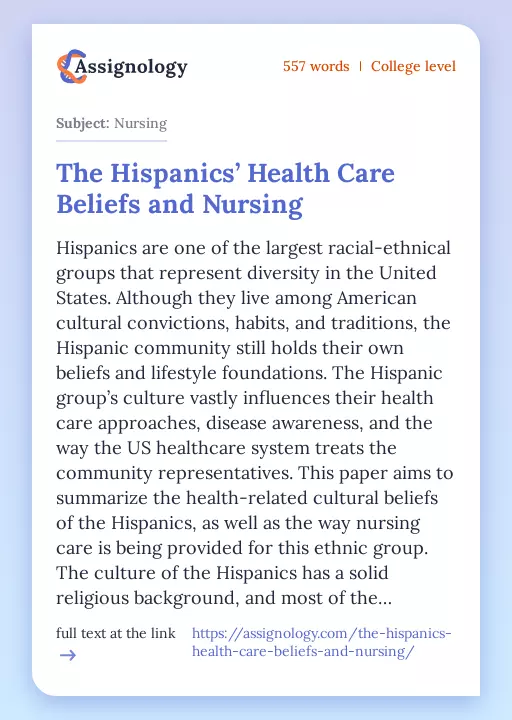 The Hispanics’ Health Care Beliefs and Nursing - Essay Preview