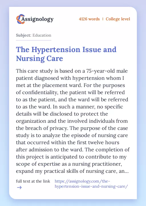 The Hypertension Issue and Nursing Care - Essay Preview