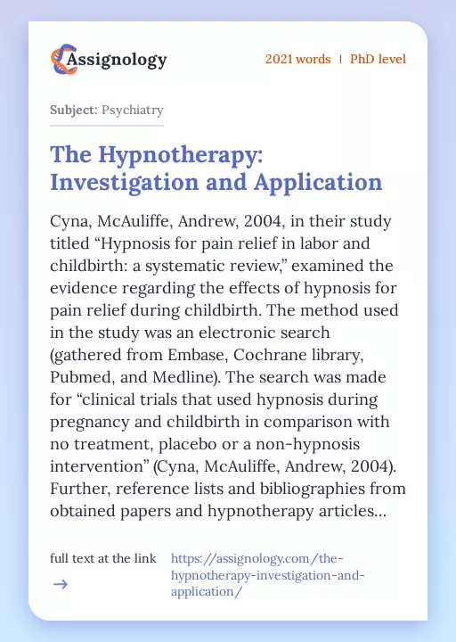 The Hypnotherapy: Investigation and Application - Essay Preview