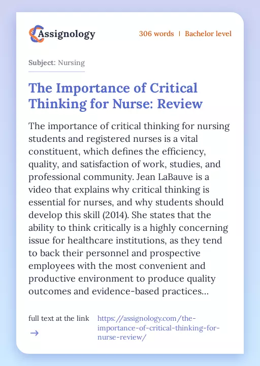 The Importance of Critical Thinking for Nurse: Review - Essay Preview