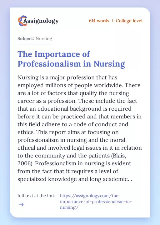 The Importance of Professionalism in Nursing - Essay Preview