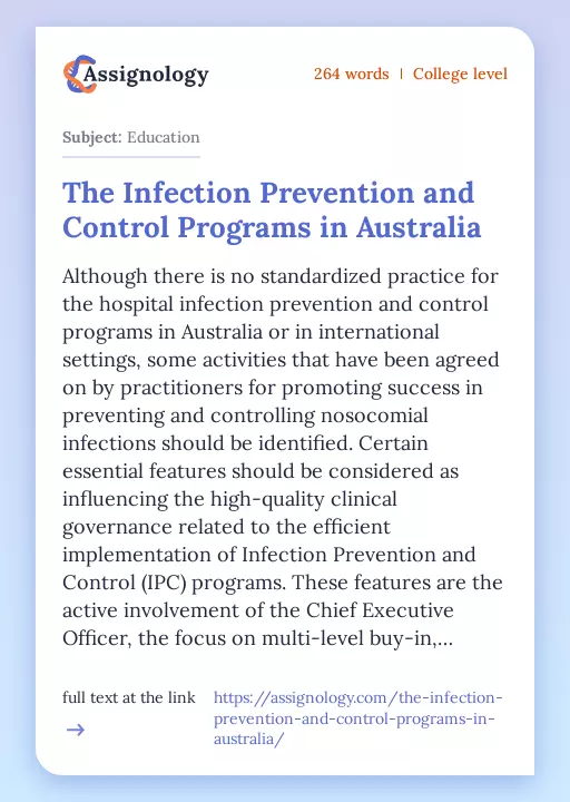 The Infection Prevention and Control Programs in Australia - Essay Preview