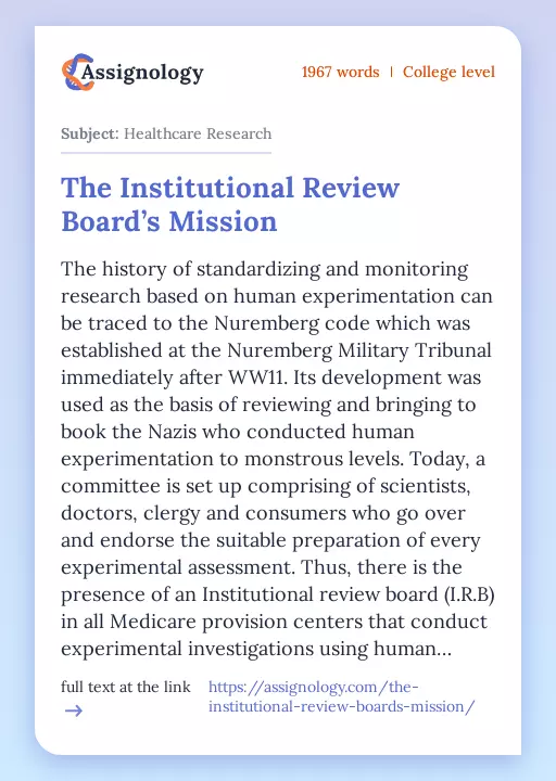 The Institutional Review Board’s Mission - Essay Preview