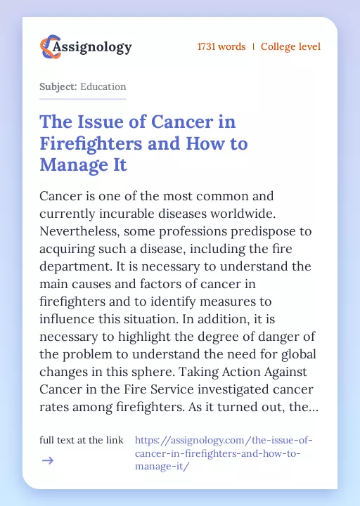 The Issue of Cancer in Firefighters and How to Manage It - Essay Preview