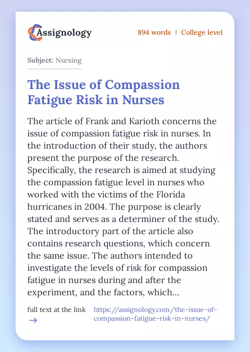 The Issue of Compassion Fatigue Risk in Nurses - Essay Preview