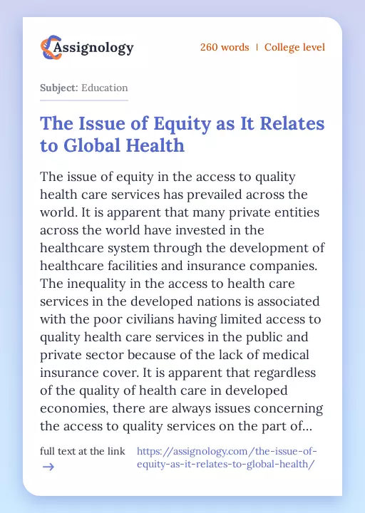 The Issue of Equity as It Relates to Global Health - Essay Preview