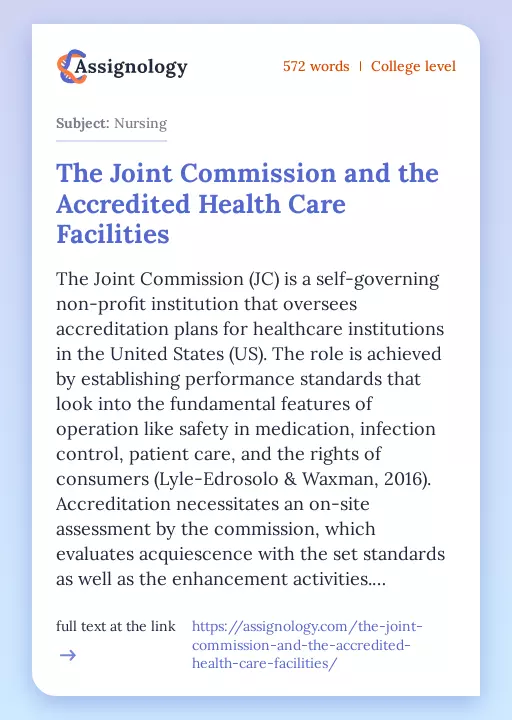 The Joint Commission and the Accredited Health Care Facilities - Essay Preview
