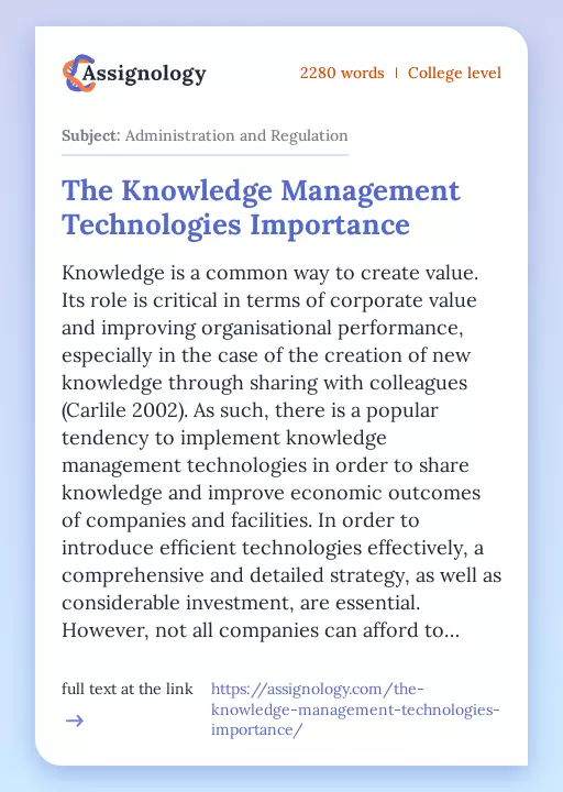 The Knowledge Management Technologies Importance - Essay Preview