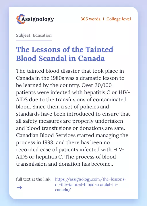 The Lessons of the Tainted Blood Scandal in Canada - Essay Preview