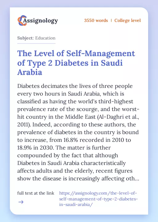 The Level of Self-Management of Type 2 Diabetes in Saudi Arabia - Essay Preview