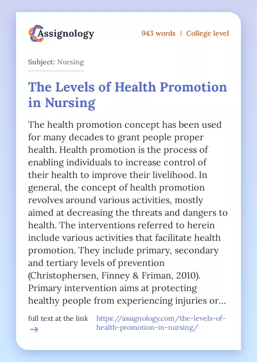 The Levels of Health Promotion in Nursing - Essay Preview