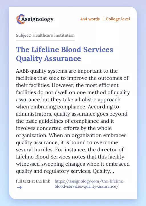 The Lifeline Blood Services Quality Assurance - Essay Preview
