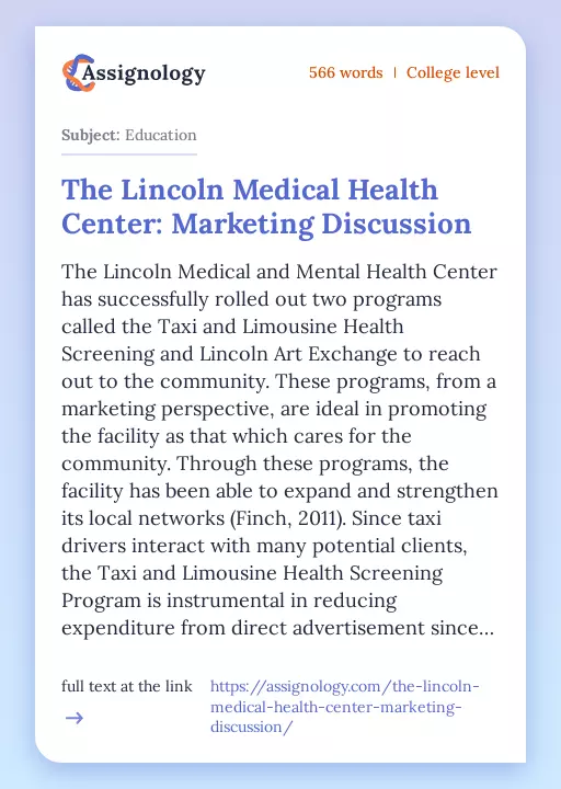 The Lincoln Medical Health Center: Marketing Discussion - Essay Preview