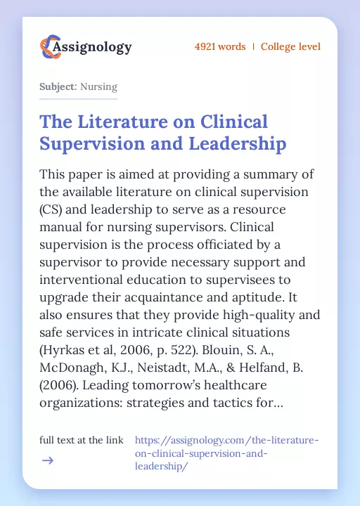 The Literature on Clinical Supervision and Leadership - Essay Preview