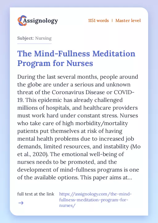 The Mind-Fullness Meditation Program for Nurses - Essay Preview