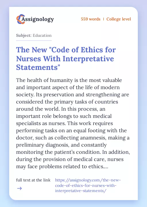 The New "Code of Ethics for Nurses With Interpretative Statements" - Essay Preview