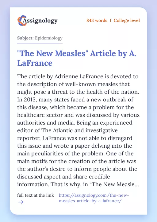 "The New Measles" Article by A. LaFrance - Essay Preview