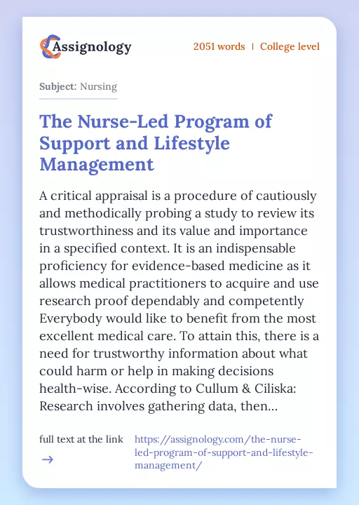 The Nurse-Led Program of Support and Lifestyle Management - Essay Preview