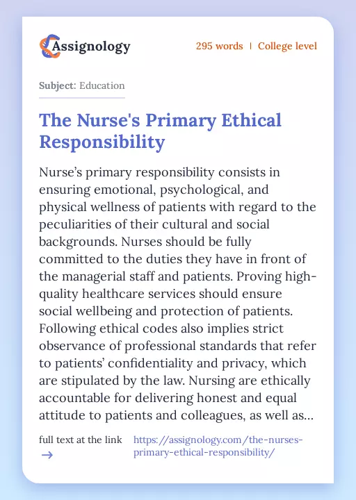 The Nurse's Primary Ethical Responsibility - Essay Preview