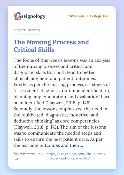 The Nursing Process and Critical Skills - Essay Preview