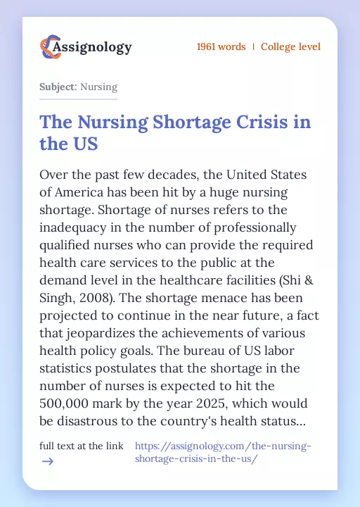 The Nursing Shortage Crisis in the US - Essay Preview