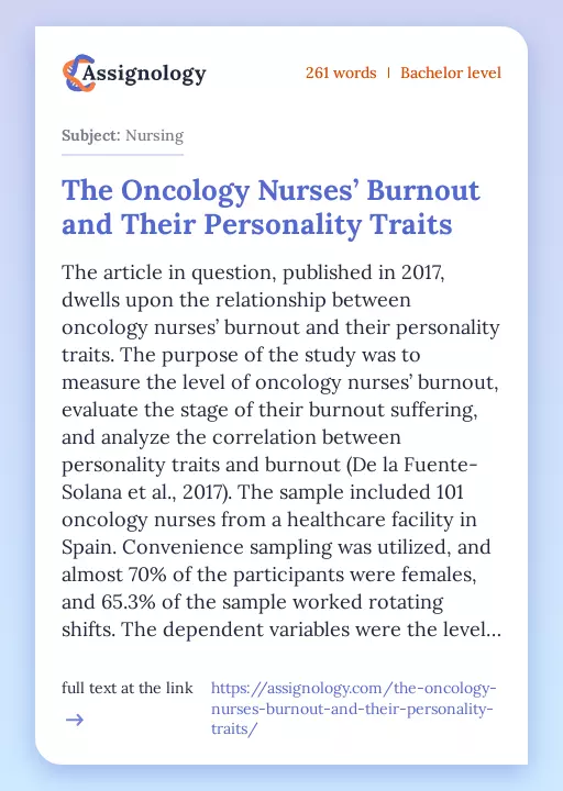 The Oncology Nurses’ Burnout and Their Personality Traits - Essay Preview