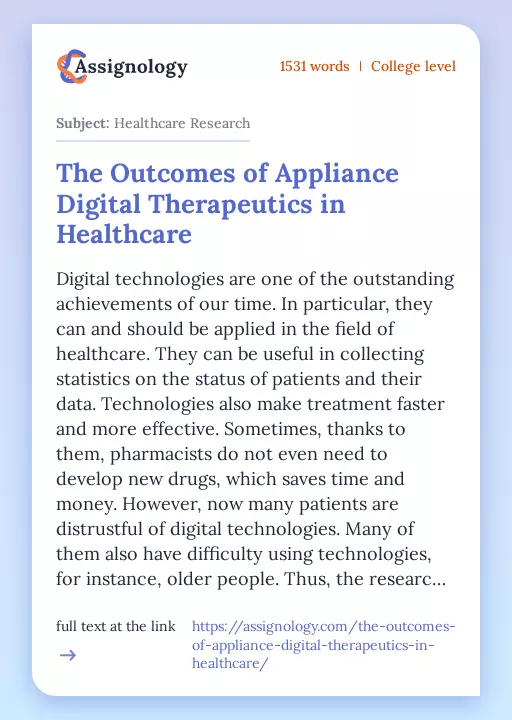 The Outcomes of Appliance Digital Therapeutics in Healthcare - Essay Preview