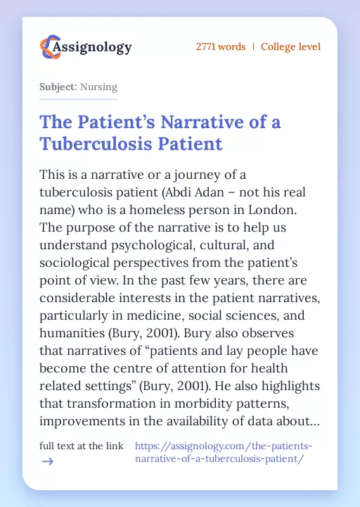 The Patient’s Narrative of a Tuberculosis Patient - Essay Preview