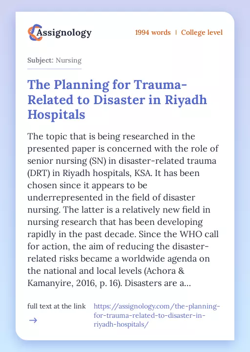 The Planning for Trauma-Related to Disaster in Riyadh Hospitals - Essay Preview
