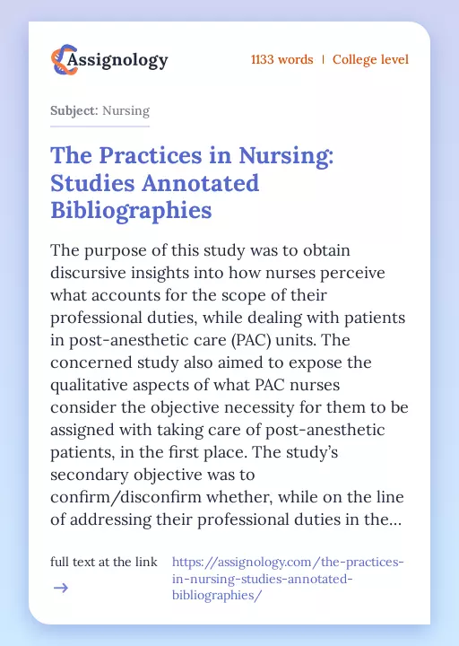 The Practices in Nursing: Studies Annotated Bibliographies - Essay Preview