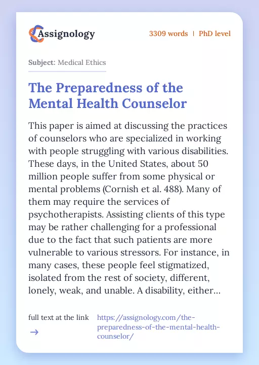 The Preparedness of the Mental Health Counselor - Essay Preview