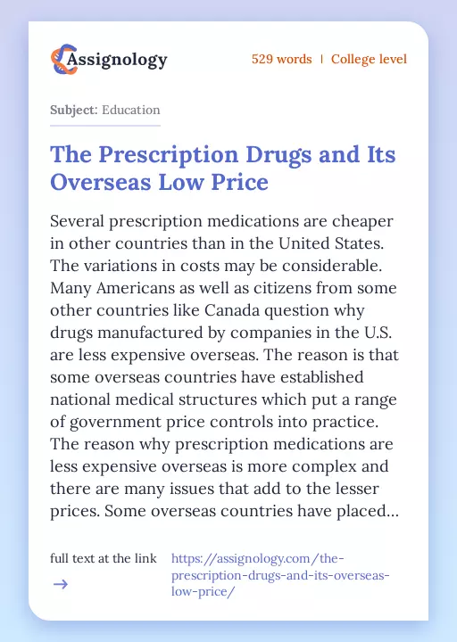 The Prescription Drugs and Its Overseas Low Price - Essay Preview