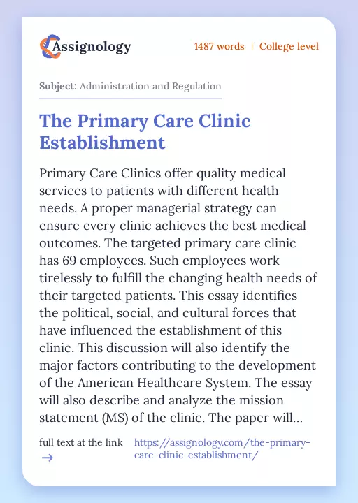 The Primary Care Clinic Establishment - Essay Preview