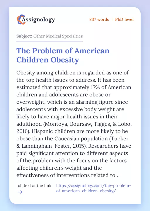 The Problem of American Children Obesity - Essay Preview