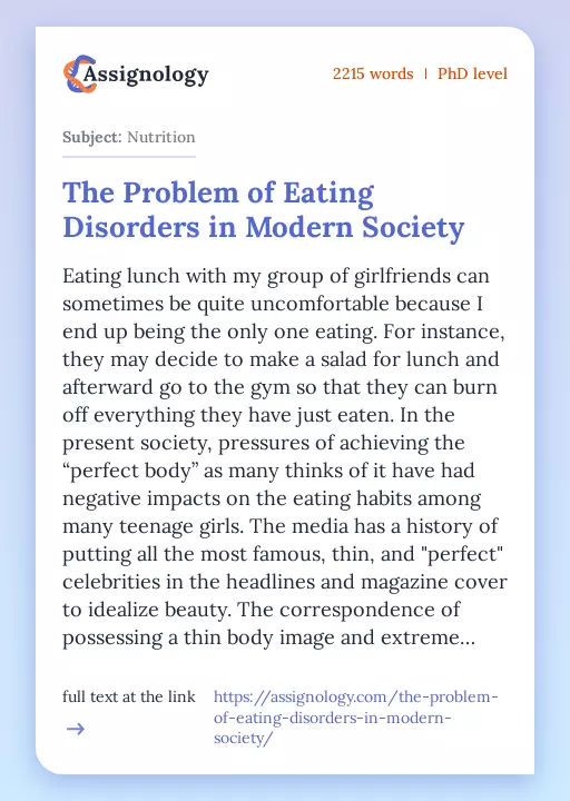 The Problem of Eating Disorders in Modern Society - Essay Preview
