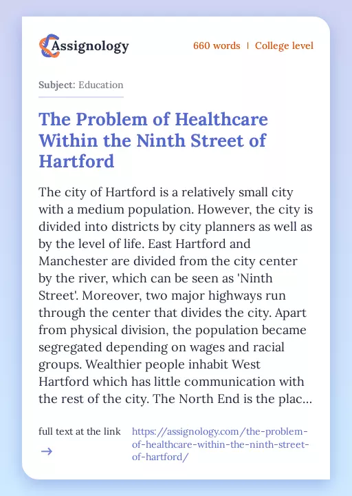 The Problem of Healthcare Within the Ninth Street of Hartford - Essay Preview