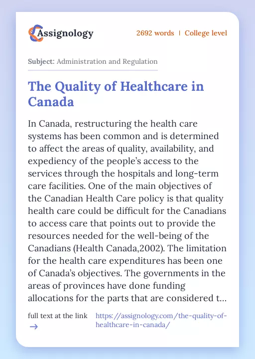 The Quality of Healthcare in Canada - Essay Preview