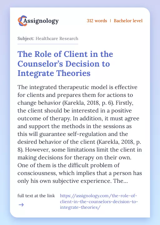 The Role of Client in the Counselor’s Decision to Integrate Theories - Essay Preview