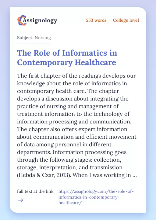 The Role of Informatics in Contemporary Healthcare - Essay Preview
