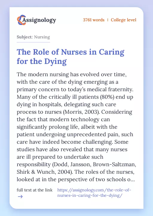 The Role of Nurses in Caring for the Dying - Essay Preview