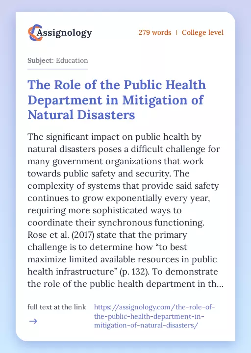 The Role of the Public Health Department in Mitigation of Natural Disasters - Essay Preview