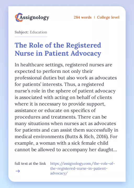 The Role of the Registered Nurse in Patient Advocacy - Essay Preview
