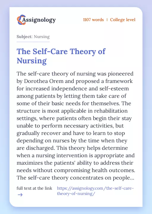 The Self-Care Theory of Nursing - Essay Preview