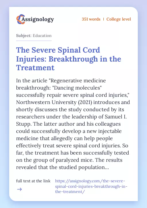 The Severe Spinal Cord Injuries: Breakthrough in the Treatment - Essay Preview