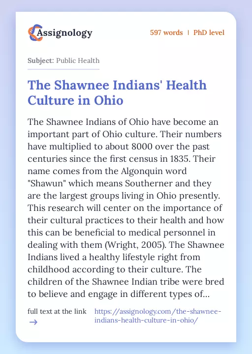 The Shawnee Indians' Health Culture in Ohio - Essay Preview